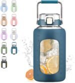 WINSA 84oz Glass Water Bottle with Stainless Steel Handle,2.5L Gallon Water Bottle with 2-IN-1 Straw Lid, Silicone Sleeve and Motivational Capacity Marker, Wide Mouth Water Jug For Gym, Dark Blue - Image 2