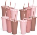 Whaline 12 Pcs Dusty Pink Plastic Cups with Lids Straws Gradient Pink Reusable Tumbler 3 Colors Travel Mug Cups for Iced Coffee Beverage Drinks Party Supplies, 24 Oz - Image 2