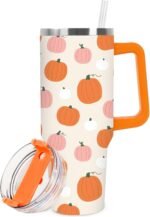 Whaline 1Pc Fall Tumbler with Handle Lid Straw 40oz Autumn Orange Pink Pumpkin Stainless Steel Travel Tumbler Cup for Thanksgiving Iced Coffee Party Favor - Image 2
