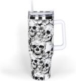 Whaline 40oz Halloween Skull Tumbler with Straw and Lid Spooky Skull Flower Travel Coffee Tumbler Cup with Handle for Trick or Treat Birthday Party Gifts - Image 2