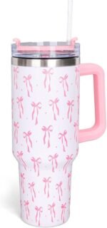 Whaline 40oz Valentine's Day Pink Bow Tumbler with Handle Straw and Lid Bow-Knot Travel Coffee Tumbler Cup for Women Friend Holiday Birthday Gift - Image 2