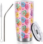 Whaline Valentine's Day Conversation Heart Tumbler Stainless Steel Travel Tumbler with Lid Straw Brush Candy Heart Coffee Mug Cup For Anniversary Women Girlfriend Wife - Image 2