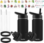 XccMe 16 oz Kids Water Bottle with 4 Lids,2 Pack Water Bottles for School,Insulated Kids Thermos with Straw Lid,Straw Brush,Cute Stickers (Black 2) - Image 2