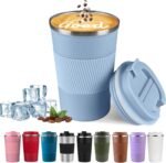 YINBAOGE Insulated Travel Coffee Mug, Spill & Leak Proof, Portable To Go Camping Stainless Steel Coffee Tumbler, Reusable Thermal Coffee Cup with Lid for Hot & Cold Drinks (Light blue, 12 OZ) - Image 2