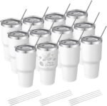 YOUKE OLA 12 Pack Insulated Tumbler Powder Coated Stainless Steel Double Wall Vacuum Travel Coffee Tumbler Cup with Lid and Straw for Laser Engrave DIY Gift 30oz White - Image 2
