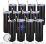 YOUKE OLA 12 Pack Rainbow Plated Stainless Steel Tumbler Straight Double Wall Powder Coated for Laser Engrave, 20oz Black To Iridescent - Image 2