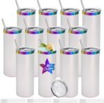 YOUKE OLA 12 Pack Rainbow Plated Stainless Steel Tumbler Straight Double Wall Powder Coated for Laser Engrave, 20oz White to Iridescent - Image 2