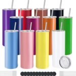 YOUKE OLA 12 Pack Stainless Steel Skinny Tumblers 20oz - Bulk Straight Double Wall Vacuum Insulated Tumbler with Lid and Straw & Silicone Base for Travel, DIY, 12 Colors - Image 2
