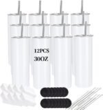 YOUKE OLA 12 Pack Sublimation Tumblers Bulk 30oz - Blank Straight Skinny Tumbler Stainless Steel Insulated Sublimation Tumblers Polymer Coating for Heat Transfer with Straws, Lids, White - Image 2