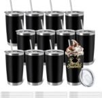 YOUKE OLA 12 Pieces Insulated Coffee Tumbler Blank Stainless Steel Double Wall Vacuum Travel Tumbler Cup with Lid and Straw for DIY Gift, Black 20oz - Image 2