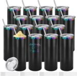 YOUKE OLA 16 Pack Rainbow Plated Stainless Steel Tumbler Straight Double Wall Powder Coated for Laser Engrave, 20oz Black To Iridescent - Image 2