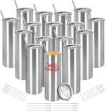 YOUKE OLA 16 Pack Stainless Steel Skinny Tumblers Blank Bulk Straight Double Wall Insulated Tumbler with Lid and Straw for, DIY Gift, 20oz Silver - Image 2