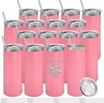 YOUKE OLA 16 Pack Stainless Steel Skinny Tumblers Bulk Straight Double Wall Powder Coated Insulated Tumbler with Lid and Straw for Laser Engrave, DIY Gift, 20oz Light Pink - Image 2