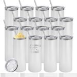 YOUKE OLA 16 Pack Stainless Steel Skinny Tumblers Bulk Straight Double Wall Powder Coated Insulated Tumbler with Lid and Straw for Laser Engrave, DIY Gift, 20oz White - Image 2