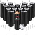 YOUKE OLA 16 Pack Stainless Steel Skinny Tumblers Straight Double Wall Insulated Tumbler Bulk with Lid and Straw for, DIY Gift, 20oz Black - Image 2