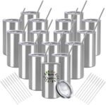 YOUKE OLA 16 Pack Tumblers Blanks Bulk Skinny Straight Tumbler Stainless Steel Double Wall Insulated Water Bottles with Lid & Straw for DIY Gift, 12oz Silver - Image 2