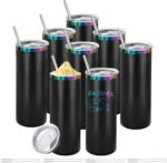 YOUKE OLA 8 Pack Rainbow Plated Stainless Steel Tumbler Straight Double Wall Powder Coated for Laser Engrave, 20oz Black To Iridescent - Image 2