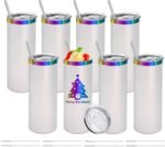 YOUKE OLA 8 Pack Rainbow Plated Stainless Steel Tumbler Straight Double Wall Powder Coated for Laser Engrave, 20oz White To Iridescent - Image 2