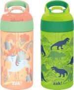 Zak Designs 16oz Riverside Kids Water Bottle with Spout Cover and Built-in Carrying Loop, Made of Durable Plastic, Leak-Proof Water Bottle Design for Travel (Unicorn & Dino Camo, Pack of 2) - Image 2