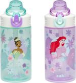 Zak Designs Disney Princess Sage Kids Water Bottle For School or Travel, 16oz Durable Plastic With Straw and Leak-Proof Spout Cover, 2-Pack (Ariel, Cinderella, Jasmine, Moana, Rapunzel, Tiana) - Image 2