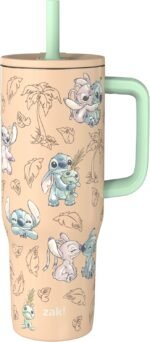 Zak Designs Disney Sutton Travel Tumbler for On the Go, 30oz Stainless Steel with Vacuum Insulation, Silicone Straw, and Carry Handle for Cold Drinks (Stitch, Angel) - Image 2