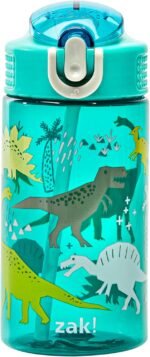 Zak Designs Kids Water Bottle For School or Travel, 16oz Durable Plastic Water Bottle With Straw, Handle, and Leak-Proof, Pop-Up Spout Cover (Dinosaur) - Image 2