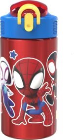 Zak Designs Marvel Spider-Man 18/8 Single Wall Stainless Steel Kids Water Bottle, Flip Straw Locking Spout Cover, Durable Cup for Sports or Travel (15.5oz, Non-BPA, Spidey and His Amazing Friends) - Image 2