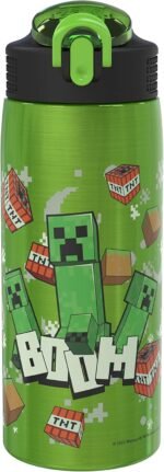 Zak Designs Minecraft Water Bottle for Travel and At Home, 19 oz Vacuum Insulated Stainless Steel with Locking Spout Cover, Built-In Carrying Loop, Leak-Proof Design (Creeper) - Image 2