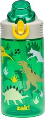 Zak Designs Sage Kids Water Bottle For School, Travel or At Home, 16oz Durable Plastic Water Bottle With Straw, Handle, and Leak-Proof, Pop-Up Spout Cover (Dino) - Image 2