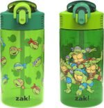 Zak Designs Teenage Mutant Ninja Turtles Kids Water Bottle For School or Travel, 16oz 2-Pack Durable Plastic Water Bottle With Straw, Handle, and Leak-Proof, Pop-Up Spout Cover (TMNT) - Image 2