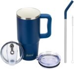 Zukro 24 oz Ceramic Lined Tumbler with Handle and Straw, No Metal Taste, Insulated Stainless Steel Coffee Mug with Spill Proof Lids for Home/Office, No Sweat, Keep Drinks Hot or Cold, Navy Blue - Image 2