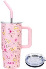 Zukro 24 oz Tumbler with Handle and Straw, Triple-wall Vacuum Insulated Coffee Travel Mug with 2 Lids For Hot/Cold Drinks, No Sweat Stainless Steel Cup for Home/Office, Dishwasher Safe, Floral - Image 2