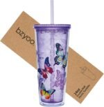 bzyoo SIP 24oz (710ml) Double Wall Plastic Tumbler with Lid and Straw Cold Drink Travel Mug Reusable Party Cup Perfect for Ice Coffee, Tea Office Poolside Parties Gifts Color: Butterfly Purple - Image 2