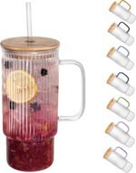 erichbow 32oz Ribbed Glass Cup with Handle Bamboo Lid and Straw, Glass Tumbler, Iced Coffee Cups Hot/Cold Drinks - Image 2