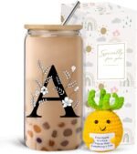 fcaylo Monogrammed Initial Glass Cup with Lids and Straws, Personalized Gift Set with Doll, 16 Oz Ice Coffee Cup for Women, Birthday Christmas Mothers Day Gift for Her, A - Image 2
