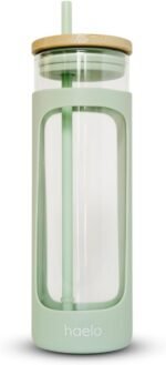 haelo 20oz Glass Tumbler Water Bottle, Iced Coffee Cup with Straw, Silicone Protective Sleeve, Bamboo Lid Reusable BPA Free (Sage Green) - Image 2