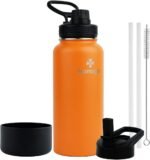 honogo 32 oz Powder Coated Double Wall Vacuum Insulated Sports Water Bottle, 18/8 Stainless Steel Wide Mouth Thermal Flask with Straw Lid & Spout Lid, Leak Proof, Sweat Free, BPA Free (Orange, 32 oz) - Image 2