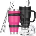 kaqinu 30oz Tumbler, 2 Packs Stainless Steel Double Wall Vacuum Insulated Tumbler Travel Mug With 8Pcs Reusable Straw, 2Pcs Slider Lid, Cleaning Brush, 2Pcs Handles (Black + Purple) - Image 2