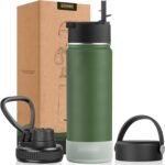 koodee 22 oz Water Bottle Stainless Steel Double Wall Vacuum Insulated Sports Water Bottle with 3 Lids-Reusable Metal Wide Mouth Water Flask, BPA Free (Grass Green) - Image 2