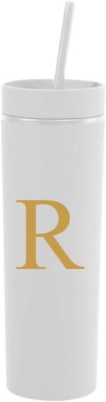 momocici Personalized 16 oz Initial White Matte Skinny Tumbler with Lid and Straw.Customized Letter R Slim Monogrammed Tumbler.Double Walled Plastic Cup for Smoothie Tea Iced Coffee. - Image 2