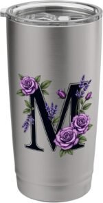 monogram initial name roses black letter M lavender flowers Stainless Steel Insulated Tumbler - Image 2