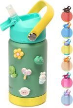 pluseight Kids Insulated Water Bottle, 12 oz BPA-FREE Double Wall Vacuum Tumbler 18/8 Stainless Steel Leak Proof Kids Cups with Straw for School Travel Boys Girls (Green) - Image 2