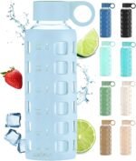 purifyou 40oz / 32oz / 22oz / 12oz Borosilicate Glass Water Bottle with Time & Volume Markers, Silicone Sleeve, Stainless Steel Lid | Reusable Glass Bottle for Water & Juice (12oz Ice Blue) - Image 2