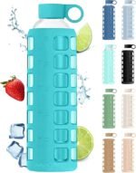 purifyou 40oz / 32oz / 22oz / 12oz Borosilicate Glass Water Bottle with Time & Volume Markers, Silicone Sleeve, Stainless Steel Lid | Reusable Glass Bottle for Water & Juice (32oz Aqua Blue) - Image 2