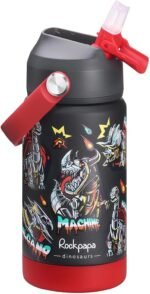 rockpapa 14 oz Kids Insulated Water Bottle，Stainless Steel Toddler Cups with Straws, BPA Free, Leak-Proof, Kids Water Bottle for School Boys&Girls (Black Dinosaur) - Image 2