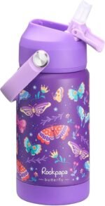 rockpapa Kids Insulated Water Bottle with Straw, BPA-Free, 18/8 Stainless Steel, Leak Proof, 14OZ Metal Cup Water Bottle for School Boys Girls (Purple Butterfly) - Image 2