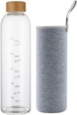 sunkey 32 oz Glass Water Bottle with Time Marker Bamboo Lid Neoprene Sleeve for to Go Travel Gym Home Reusable Eco Friendly Bpa Free (Gray) - Image 2