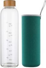 sunkey 32 oz Glass Water Bottle with Time Marker Bamboo Lid Neoprene Sleeve for to Go Travel Gym Home Reusable Eco Friendly Bpa Free (Green) - Image 2