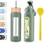 weasland 24 oz Glass Water Bottles With Two Lids Bamboo Straw Lid and Handle Spout Lid-1 Liter Glass Tumbler with Silicone Sleeve and Straw Leakproof BPA Free For Home Office Gym - Image 2