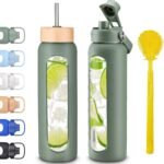 weasland 32 oz Glass Water Bottles With Two Lids Bamboo Straw Lid and Handle Spout Lid-1 Liter Glass Tumbler with Silicone Sleeve and Straw Leakproof BPA Free For Home Office Gym - Image 2